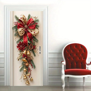 Christmas Wall Hanging Decor with Red Bells & Green Leaves