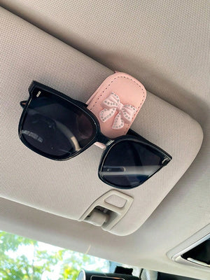 Pink Rhinestone Car Sun Visor Glasses Clip – Cute Bow Tie Holder