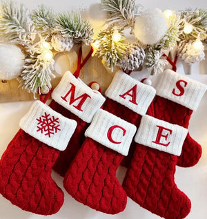 Personalized Christmas Stocking Ornaments, Knitted Tree Decorations with Snowflake Alphabet Letters