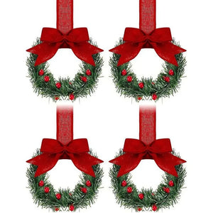 4-Piece Mini Christmas Wreaths with Bows & Red Berries