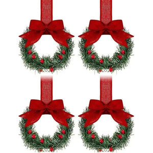 4-Piece Mini Christmas Wreaths with Bows & Red Berries