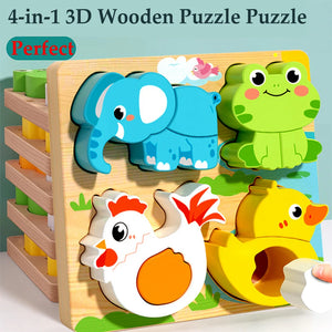 4-in-1 Wooden 3D Animal Puzzle – Educational Learning Toy for Kids