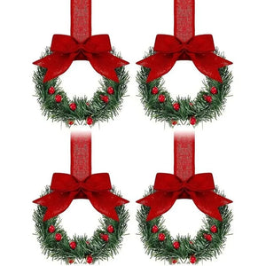 4-Piece Mini Christmas Wreaths with Bows & Red Berries