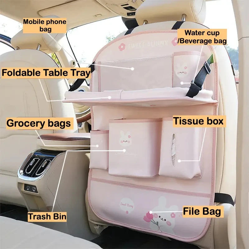 Leather Car Seat Back Organizer with Foldable Tray Table & Anti-Kick Pad
