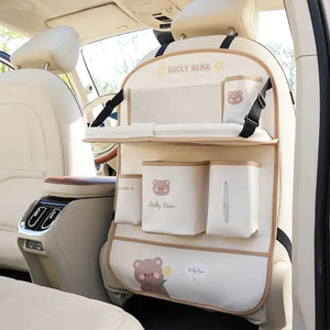 Leather Car Seat Back Organizer with Foldable Tray Table & Anti-Kick Pad