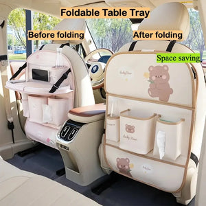 Leather Car Seat Back Organizer with Foldable Tray Table & Anti-Kick Pad