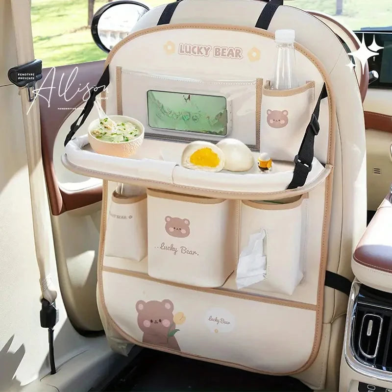 Leather Car Seat Back Organizer with Foldable Tray Table & Anti-Kick Pad