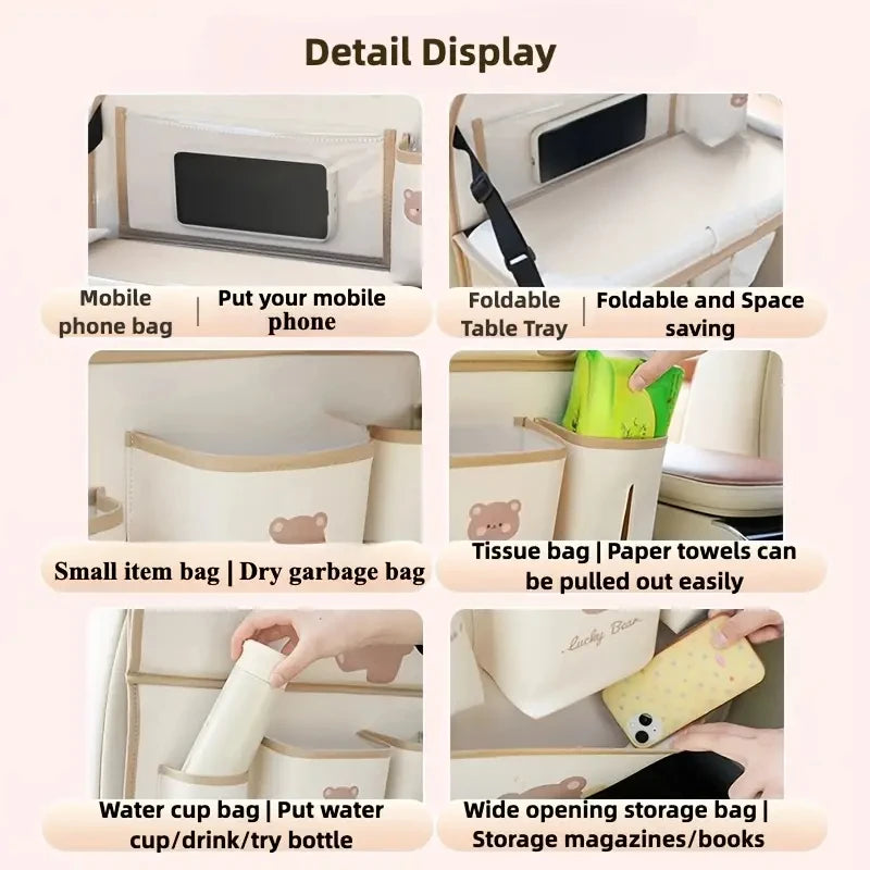 Leather Car Seat Back Organizer with Foldable Tray Table & Anti-Kick Pad