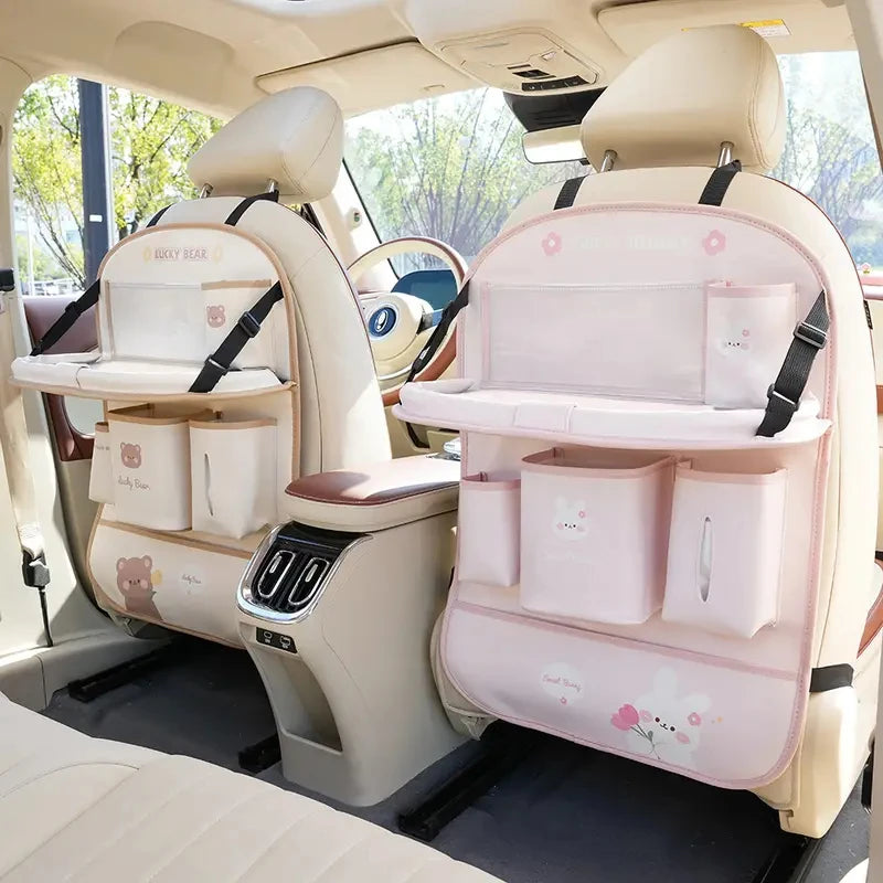 Leather Car Seat Back Organizer with Foldable Tray Table & Anti-Kick Pad