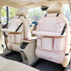 Leather Car Seat Back Organizer with Foldable Tray Table & Anti-Kick Pad