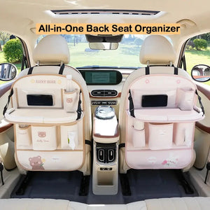 Leather Car Seat Back Organizer with Foldable Tray Table & Anti-Kick Pad