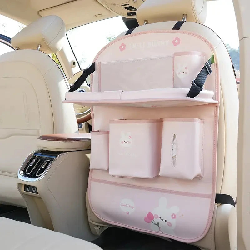 Leather Car Seat Back Organizer with Foldable Tray Table & Anti-Kick Pad