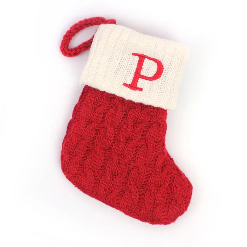 Personalized Christmas Stocking Ornaments, Knitted Tree Decorations with Snowflake Alphabet Letters