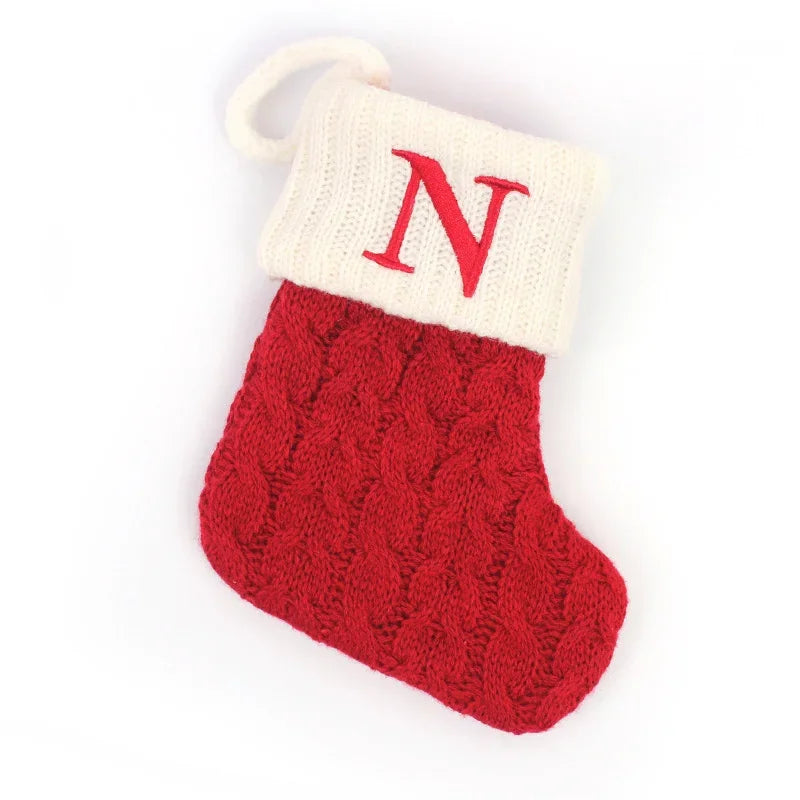 Personalized Christmas Stocking Ornaments, Knitted Tree Decorations with Snowflake Alphabet Letters