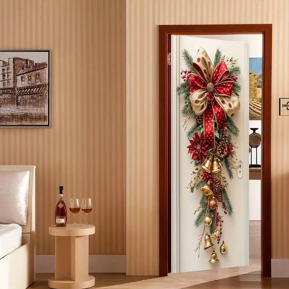 Christmas Wall Hanging Decor with Red Bells & Green Leaves