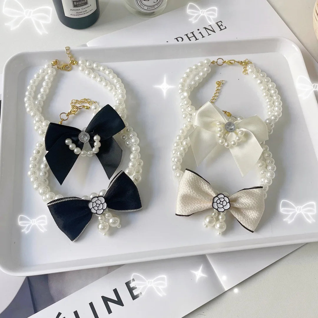 Pearl Bow Pet Collar – Double-Layer Necklace for Cats & Small Dogs