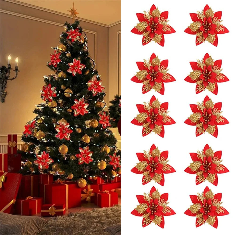 Glitter Artificial Christmas Flowers – Pink, Red & Gold Tree Ornaments