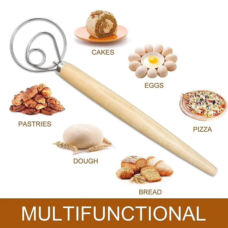 Danish Dough Whisk with Wooden Handle – Stainless Steel Baking Tool