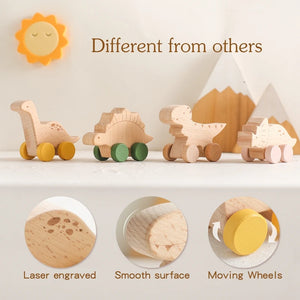 Dinosaur Cartoon Wooden Teether Toy for Babies – Montessori Sensory Car