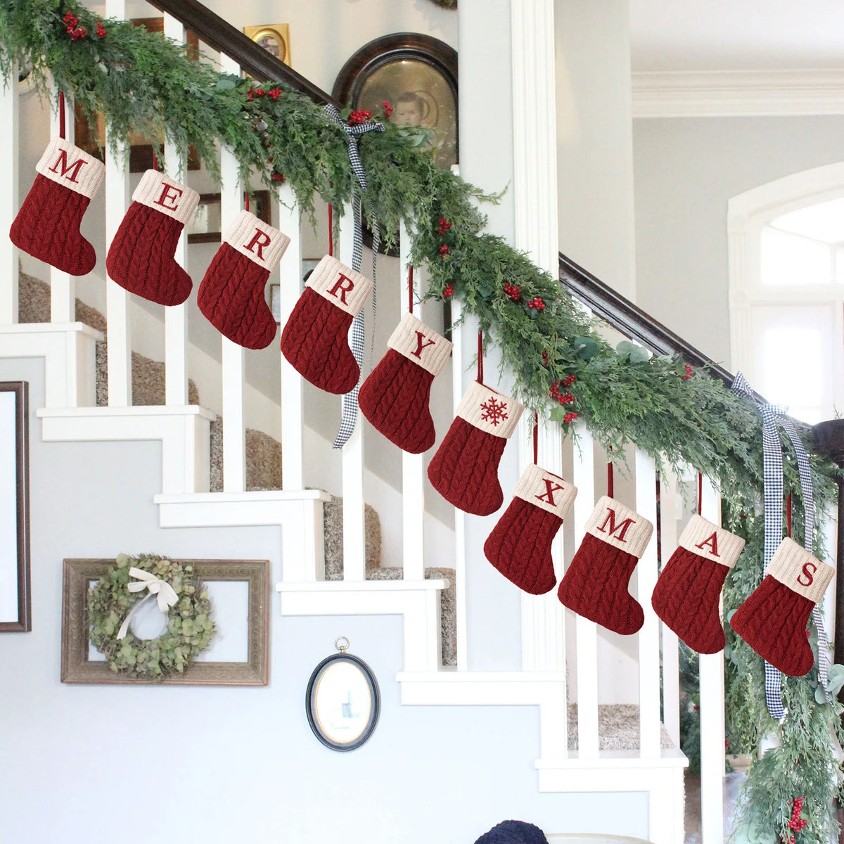 Personalized Christmas Stocking Boots, Knitted Xmas Tree Ornaments with Snowflake Letters