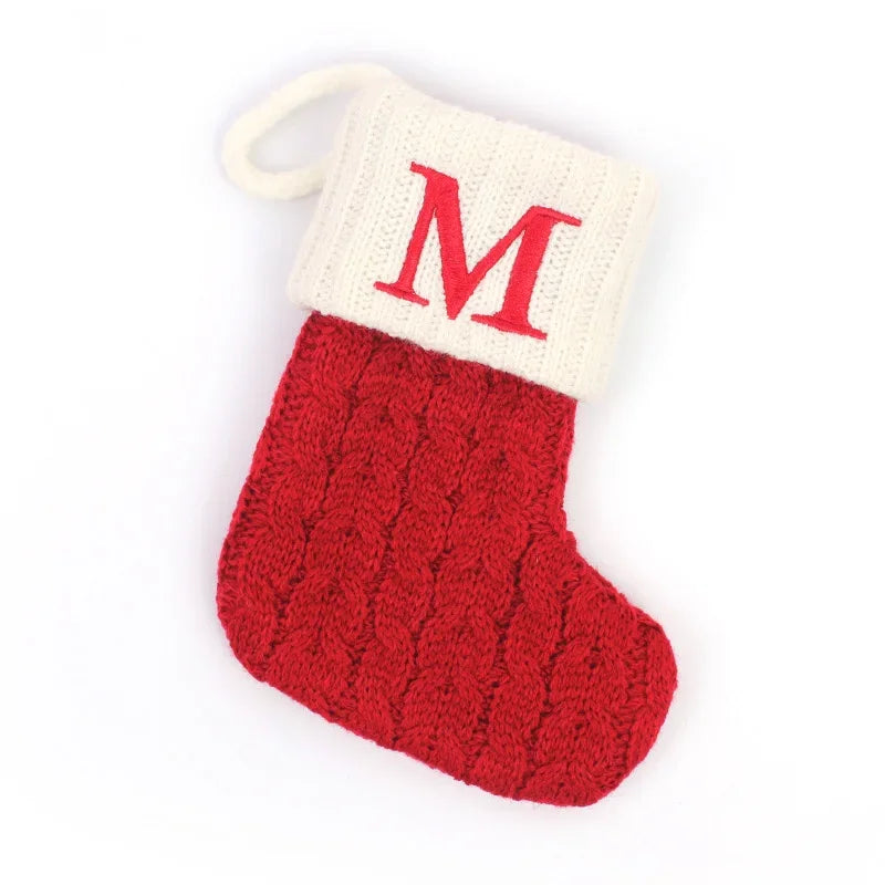 Personalized Christmas Stocking Ornaments, Knitted Tree Decorations with Snowflake Alphabet Letters