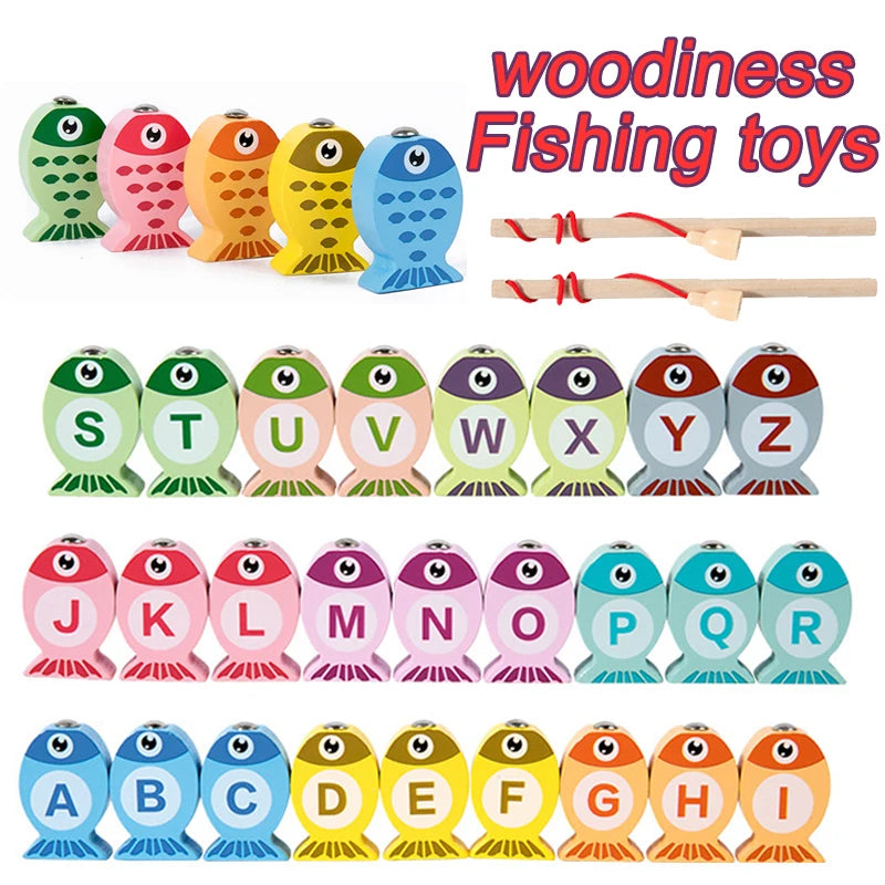 Wooden Fishing Game Toy for Kids, Alphabet & Number Learning Puzzle