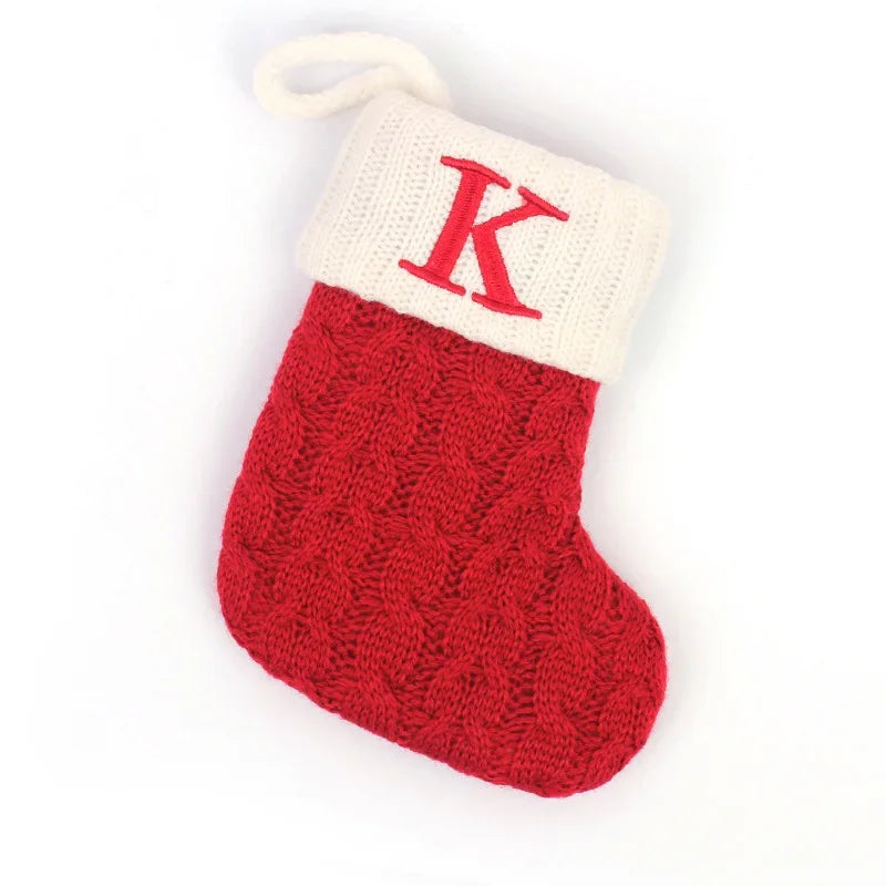 Personalized Christmas Stocking Ornaments, Knitted Tree Decorations with Snowflake Alphabet Letters