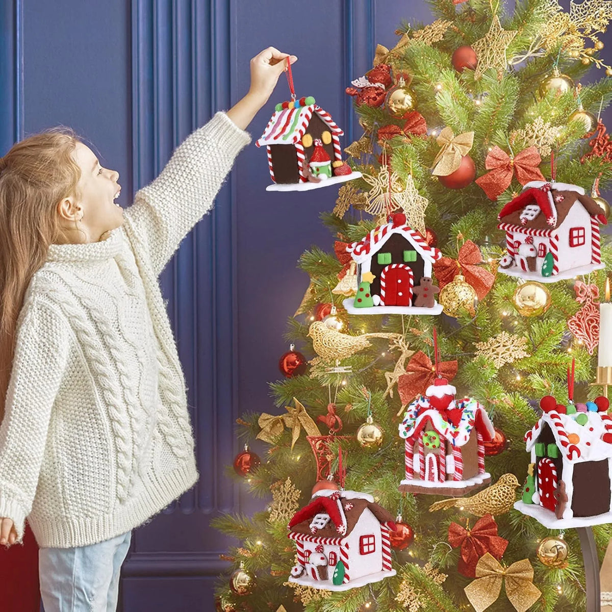 5pcs Gingerbread House Christmas Tree Ornaments, Hanging Holiday Decor