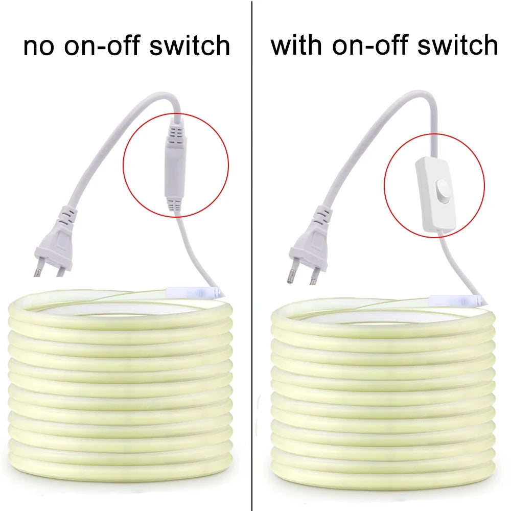 220V Waterproof COB LED Strip Light with ON/Off Switch
