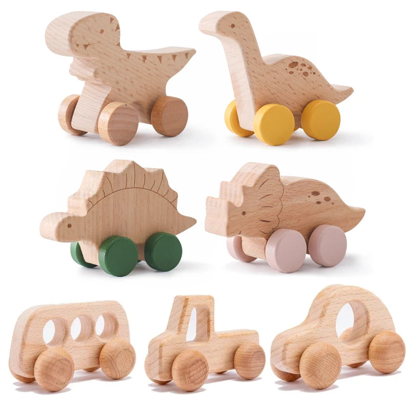 Dinosaur Cartoon Wooden Teether Toy for Babies – Montessori Sensory Car