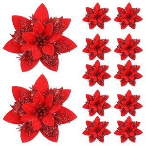 Glitter Artificial Christmas Flowers – Pink, Red & Gold Tree Ornaments