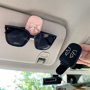 Pink Rhinestone Car Sun Visor Glasses Clip – Cute Bow Tie Holder