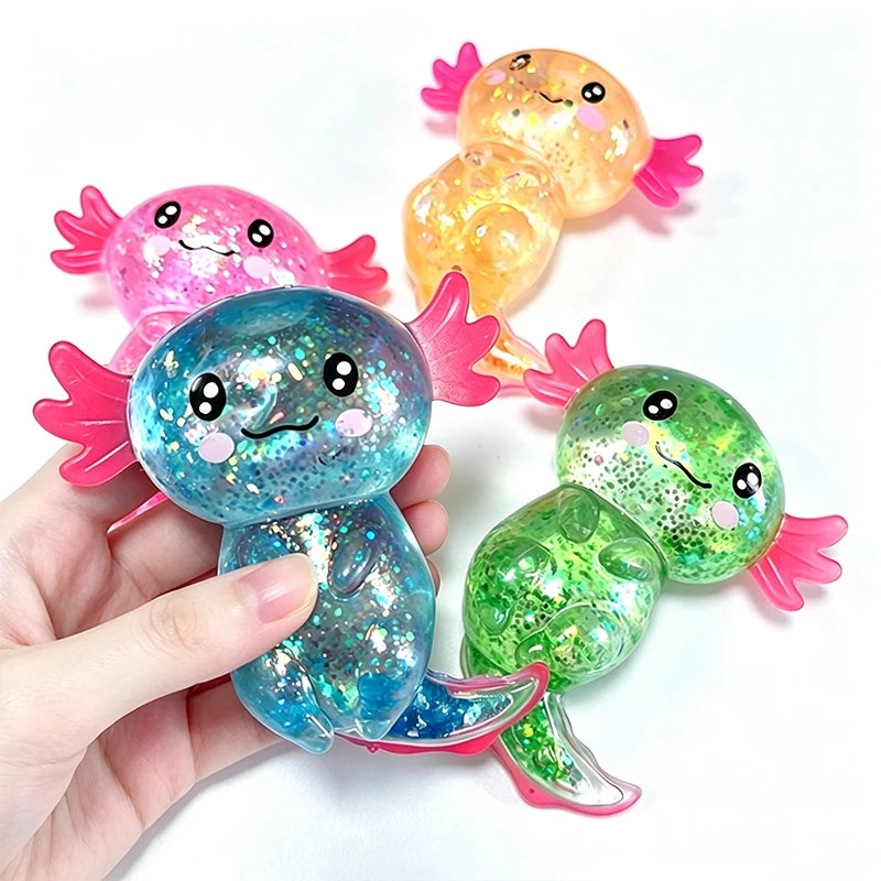 Writing  Cute Axolotl Squishy Toy – Glitter Stress Relief Fidget