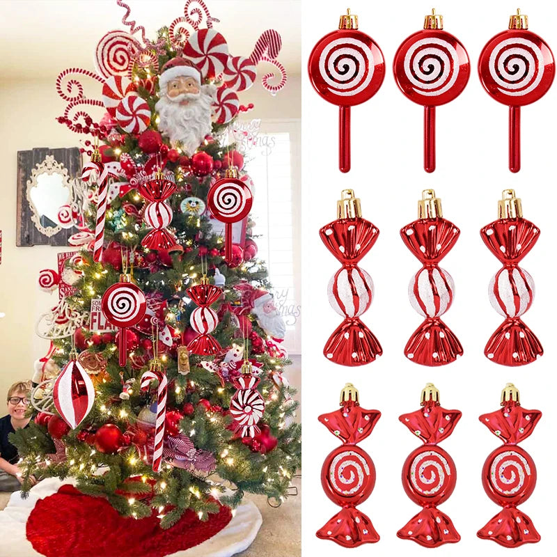 6pcs Christmas Candy Cane, Lollipop & Hanging Ball Ornaments for Xmas Tree