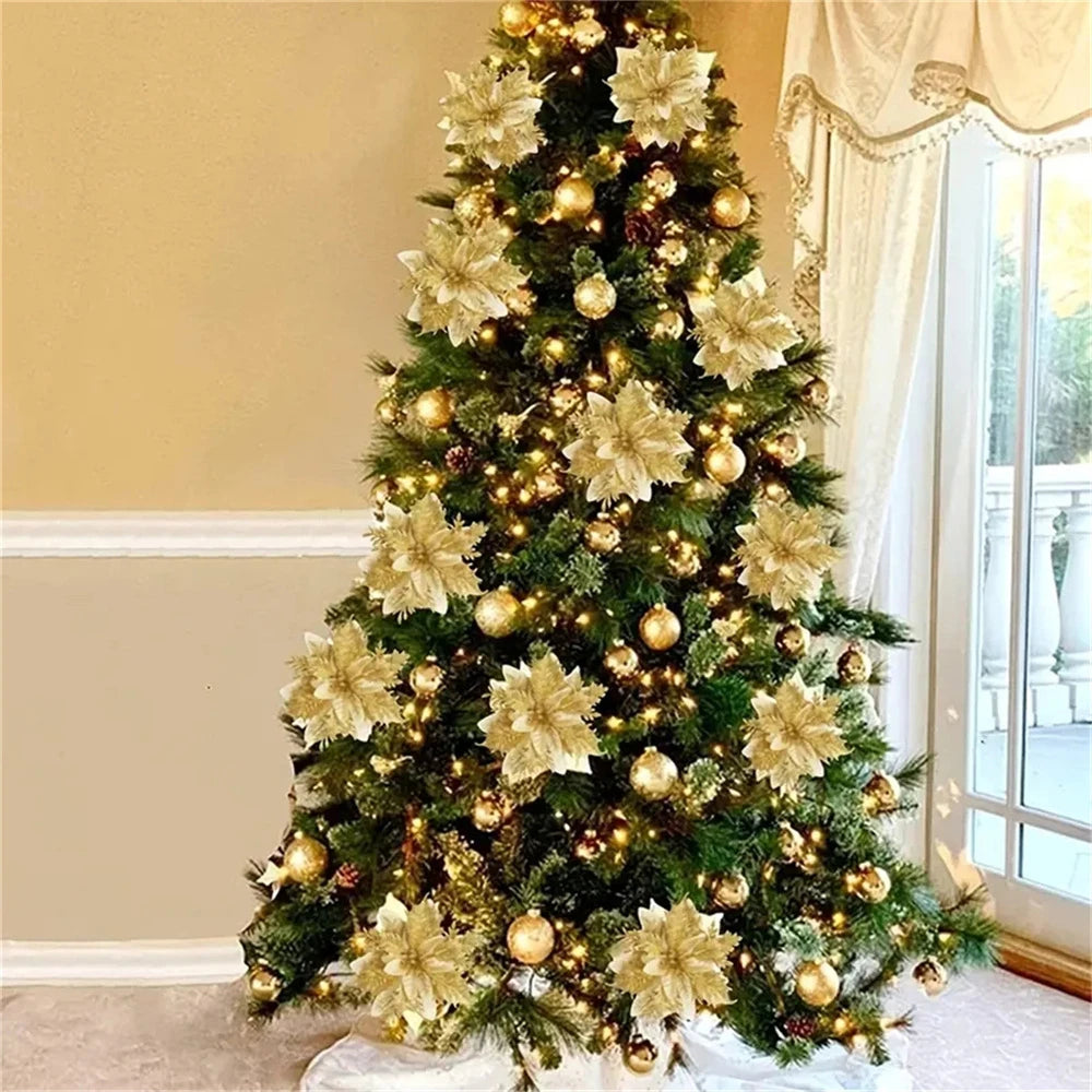 5/10pcs Glitter Christmas Flower Ornaments, Artificial Pink, Red & Gold Xmas Tree Decorations