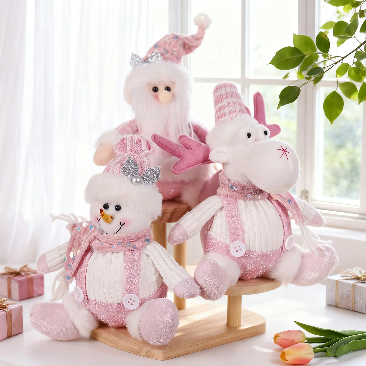 Christmas Sequin Cartoon Doll Decor – Pink Reindeer, Snowman & Santa