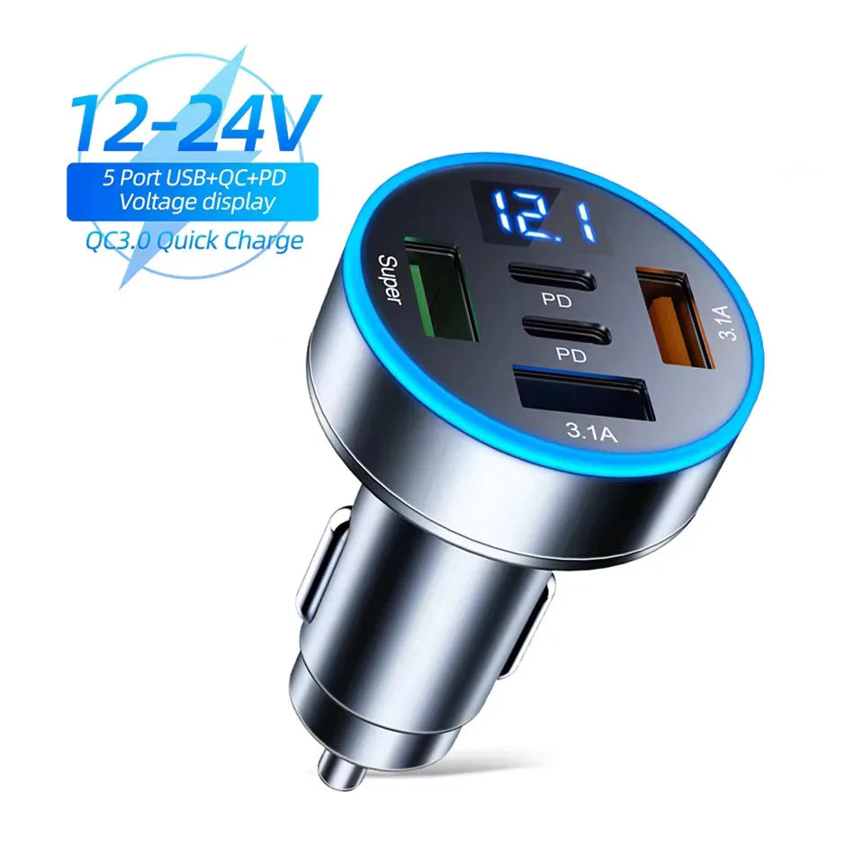 250W 5-Port Car Charger – PD QC3.0 Fast Charging USB-C Adapter for iPhone
