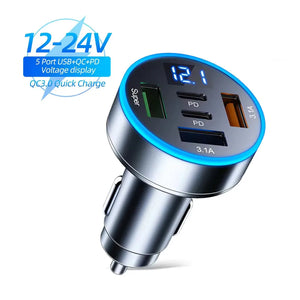 250W 5-Port Car Charger – PD QC3.0 Fast Charging USB-C Adapter for iPhone