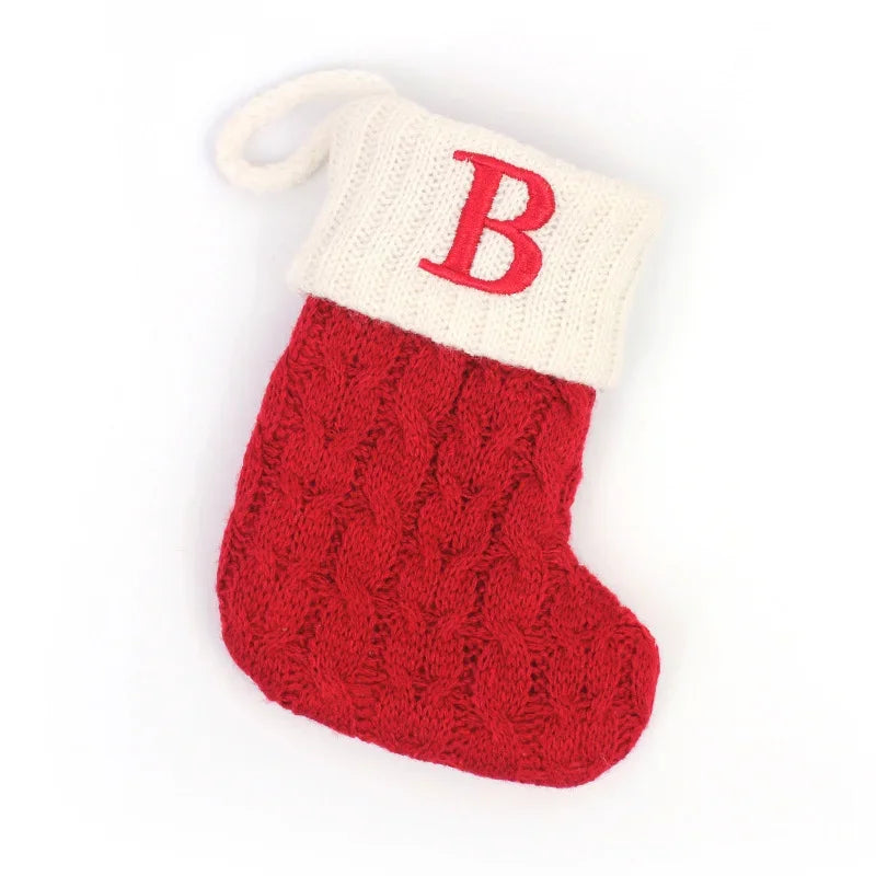 Personalized Christmas Stocking Ornaments, Knitted Tree Decorations with Snowflake Alphabet Letters