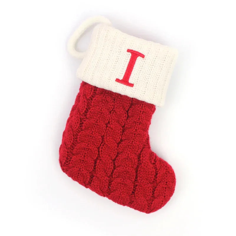 Personalized Christmas Stocking Ornaments, Knitted Tree Decorations with Snowflake Alphabet Letters