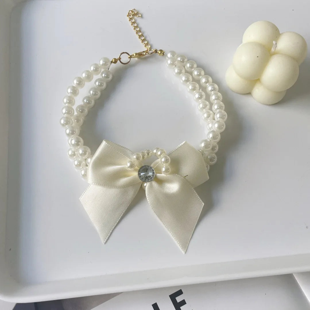 Pearl Bow Pet Collar – Double-Layer Necklace for Cats & Small Dogs