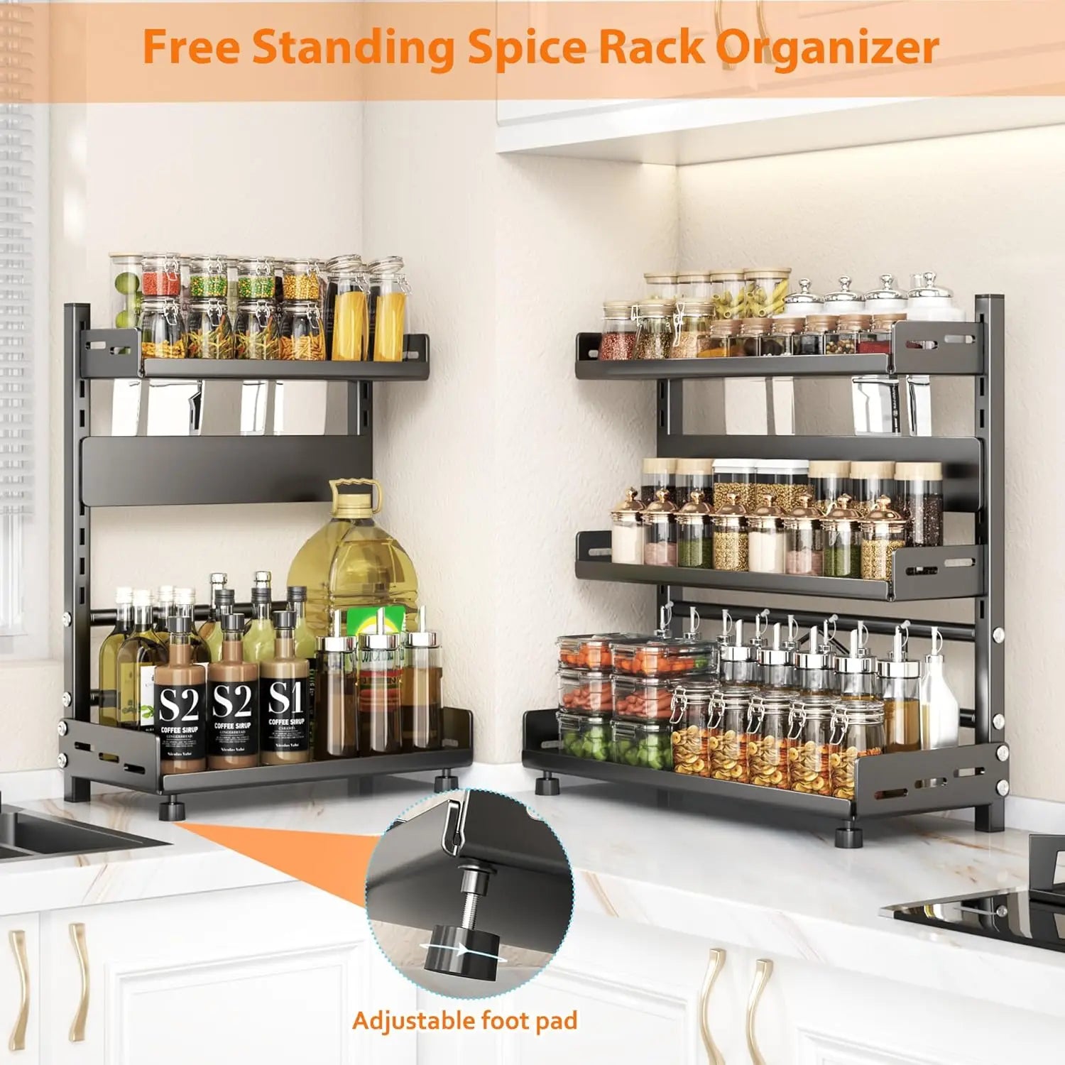 3-Tier Adjustable Spice Rack – Black Metal Kitchen Organizer