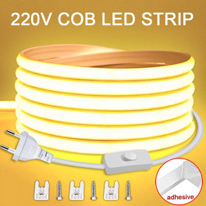220V Waterproof COB LED Strip Light with ON/Off Switch