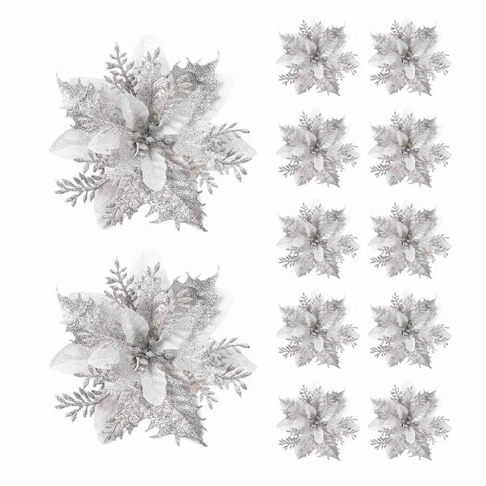 5/10pcs Glitter Christmas Flower Ornaments, Artificial Pink, Red & Gold Xmas Tree Decorations