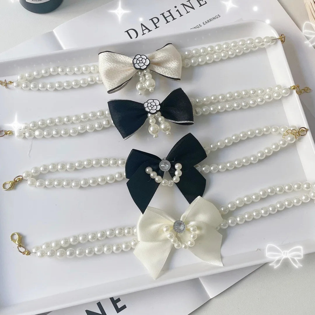 Pearl Bow Pet Collar – Double-Layer Necklace for Cats & Small Dogs