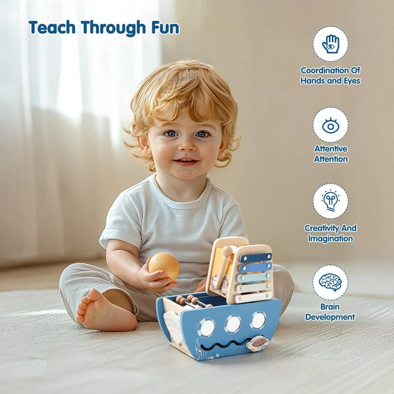 SEO Title: Montessori Wooden Ship Toy – Musical Sensory Learning Toy for Babies