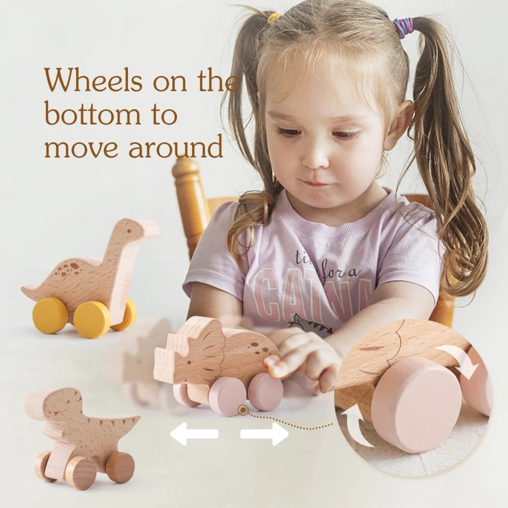 Dinosaur Cartoon Wooden Teether Toy for Babies – Montessori Sensory Car