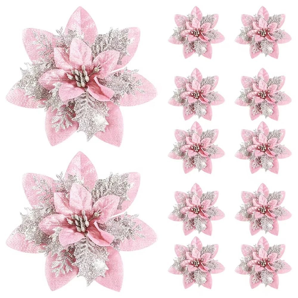 5/10pcs Glitter Christmas Flower Ornaments, Artificial Pink, Red & Gold Xmas Tree Decorations