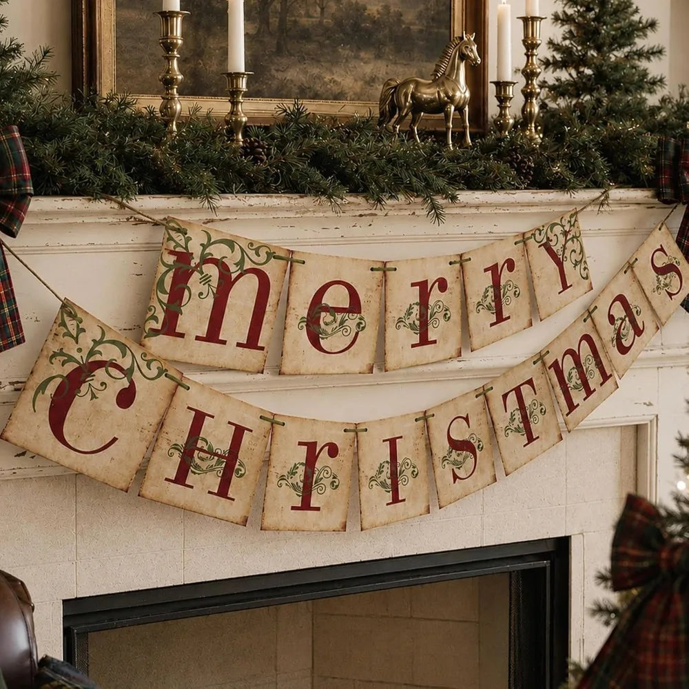 Merry Christmas Banner – Vintage Gothic Holiday Wall Decor