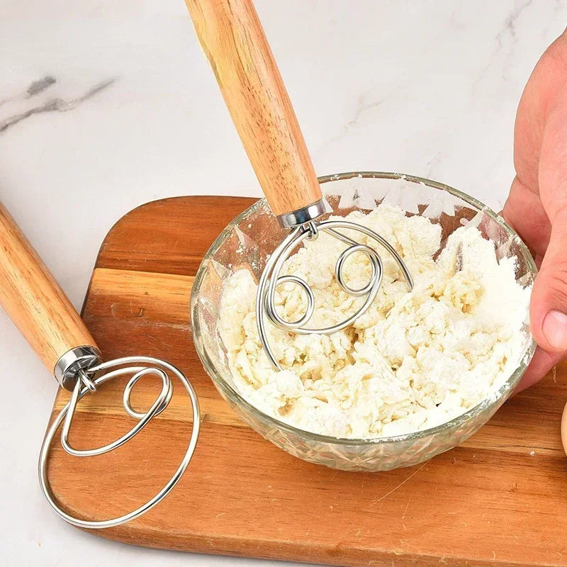 Danish Dough Whisk with Wooden Handle – Stainless Steel Baking Tool